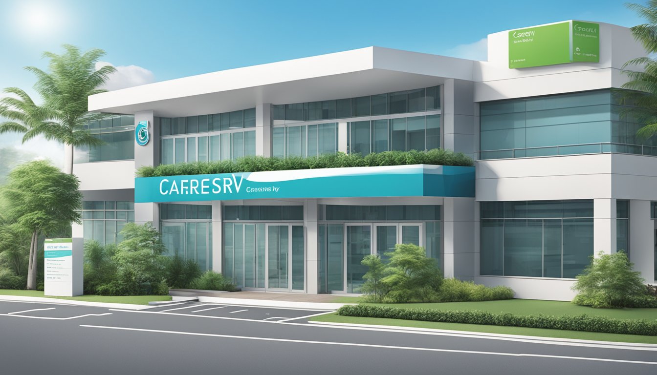 CareServ Asia Pte Ltd signboard outside a modern medical facility, with clear contact information and opening hours displayed