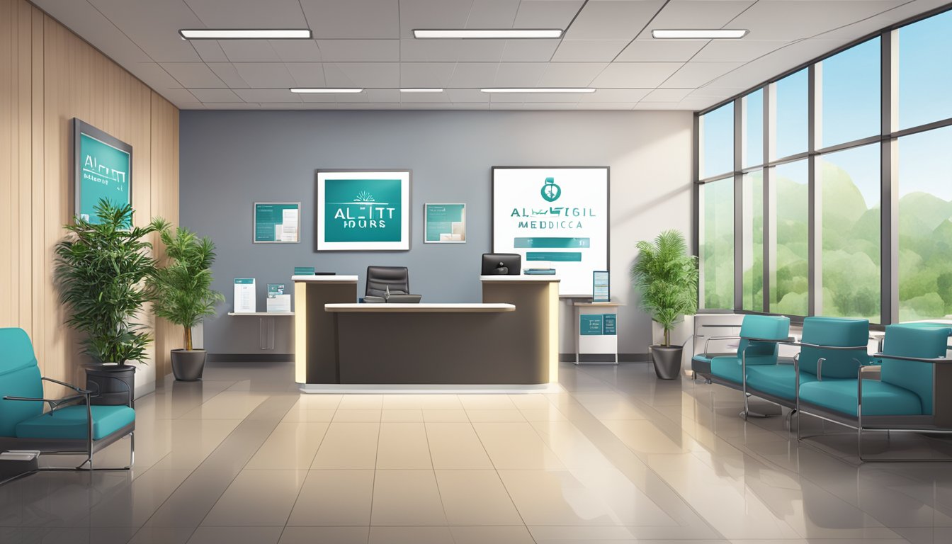 A modern medical concierge office with sleek furniture and a reception desk. The sign "ALTT Medical" is prominently displayed. The office hours are posted on the wall