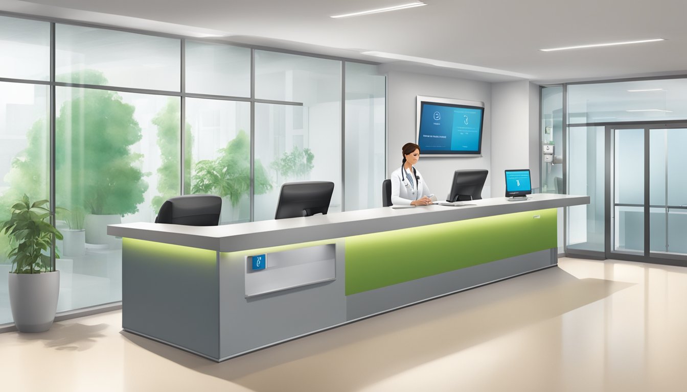 A modern medical concierge desk with logo, computer, and friendly staff assisting patients in a clean, bright waiting area