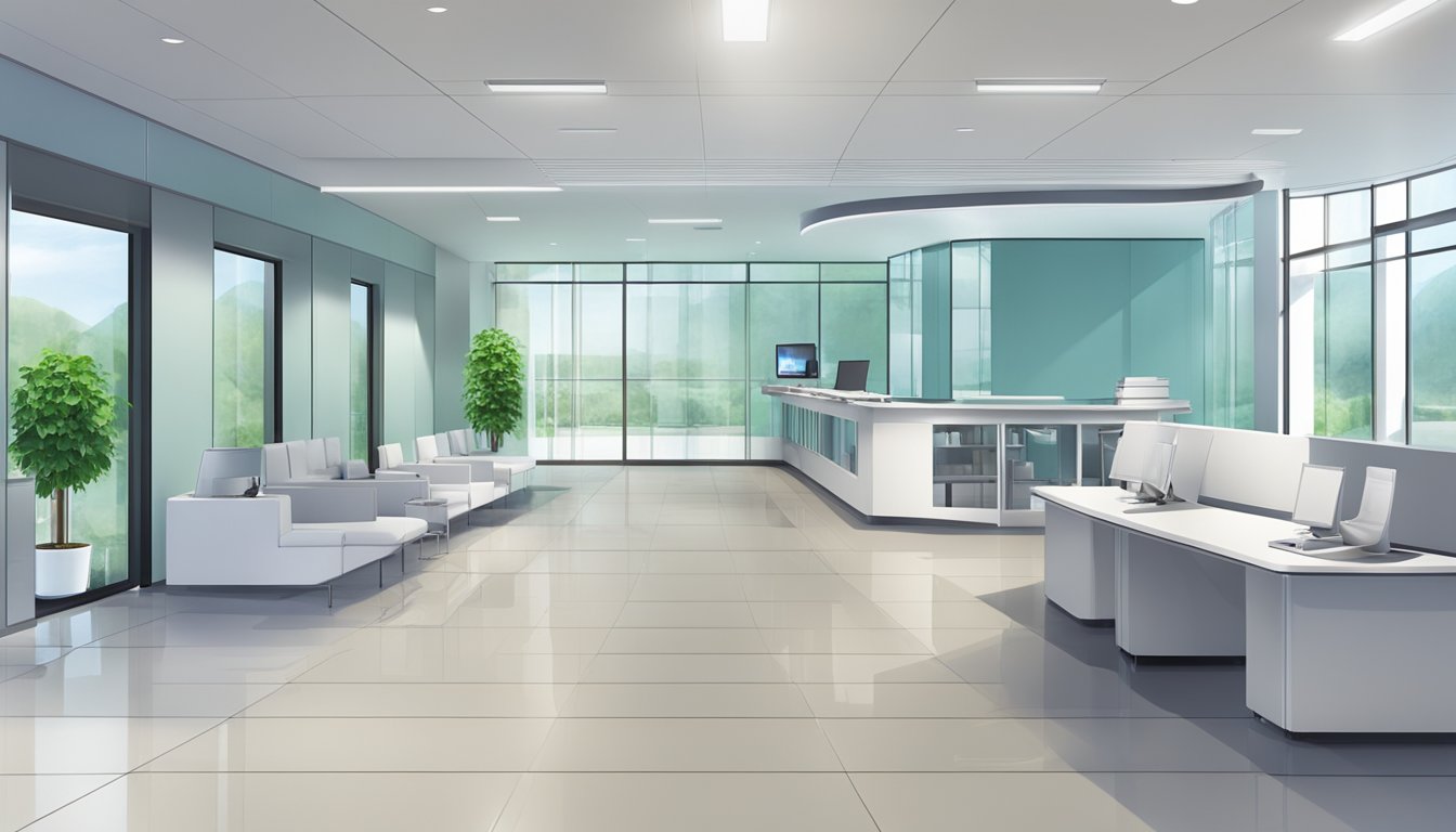 A modern medical facility with sleek, minimalist design. A reception area with comfortable seating and a friendly staff. State-of-the-art equipment and technology throughout the facility