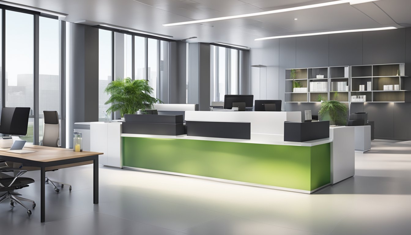 A modern, sleek office space with a reception desk, comfortable seating, and a logo prominently displayed. Glass partitions and a professional atmosphere