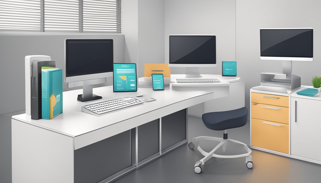 A modern medical concierge desk with a computer, phone, and pamphlets. Clean and professional setting with subtle branding