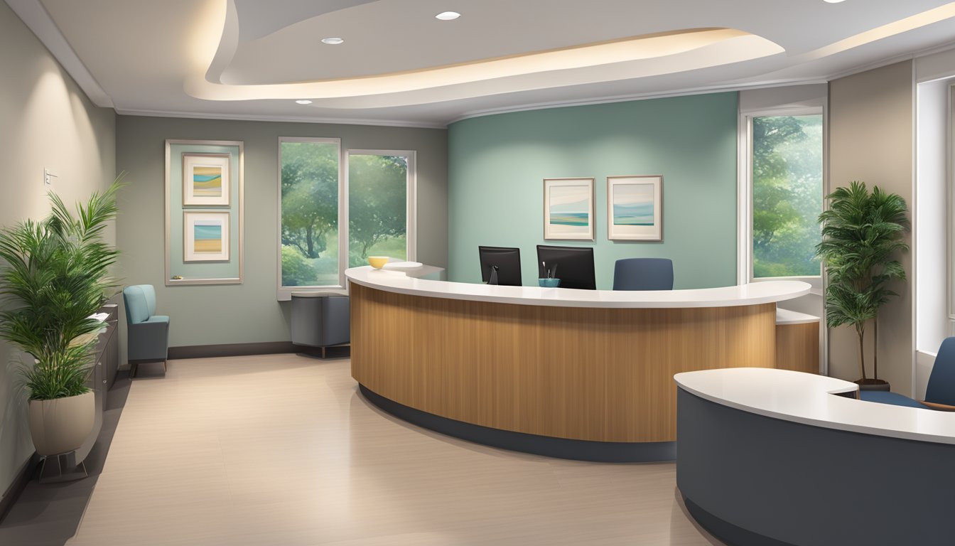 A modern, sleek medical concierge office with a warm, welcoming atmosphere. A reception desk with friendly staff, comfortable seating, and a calming color scheme