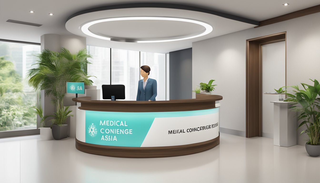 A welcoming reception desk with a sign displaying "Medical Concierge Asia - Medical Concierge SG" and the opening hours