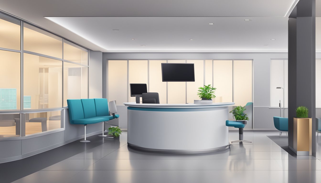 A modern medical concierge desk with a friendly receptionist, sleek computers, and comfortable seating area for waiting customers