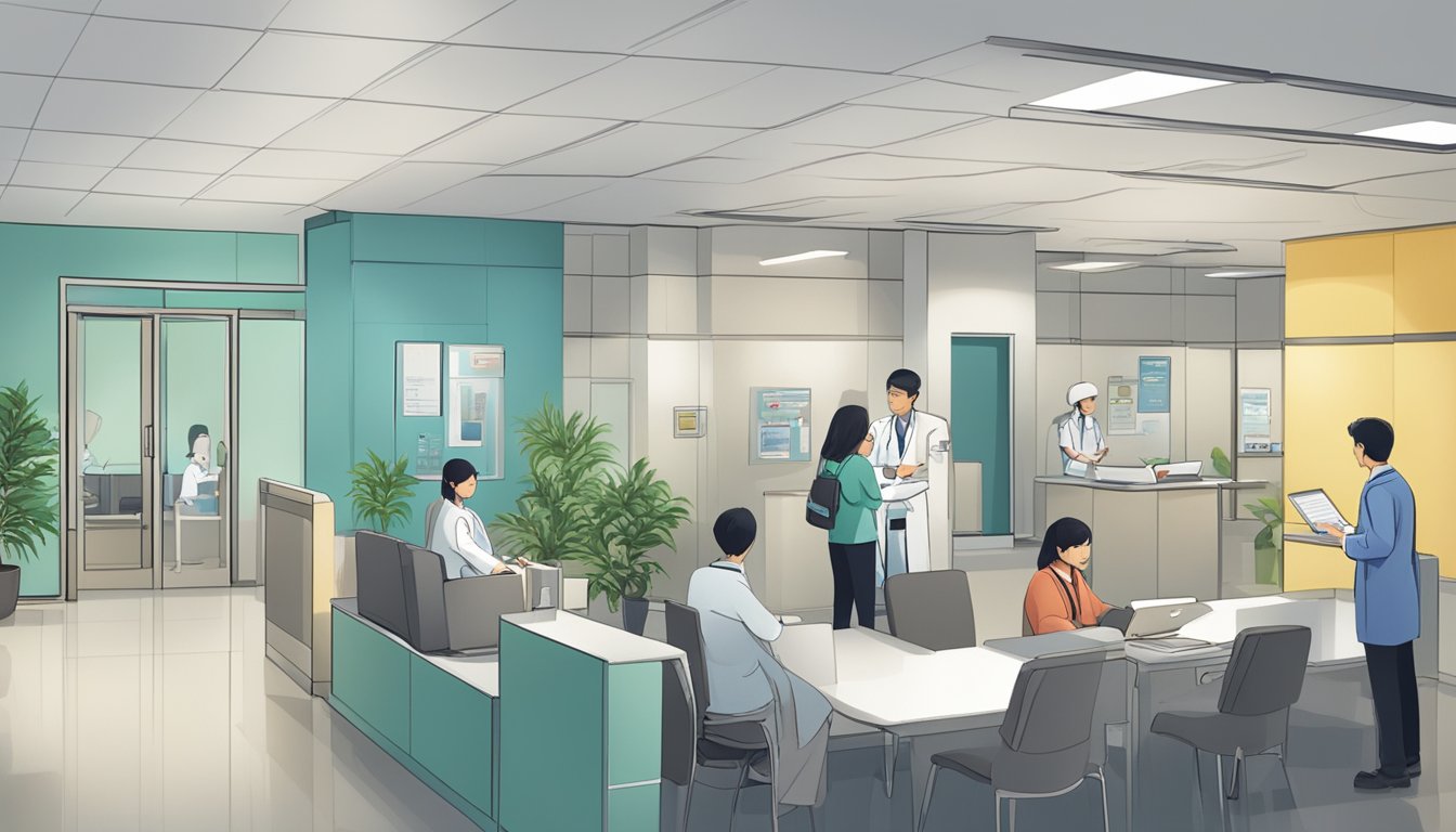 A busy medical concierge office with staff assisting patients, a waiting area, and signage displaying "Frequently Asked Questions Medical Concierge Asia - Medical Concierge SG Review."