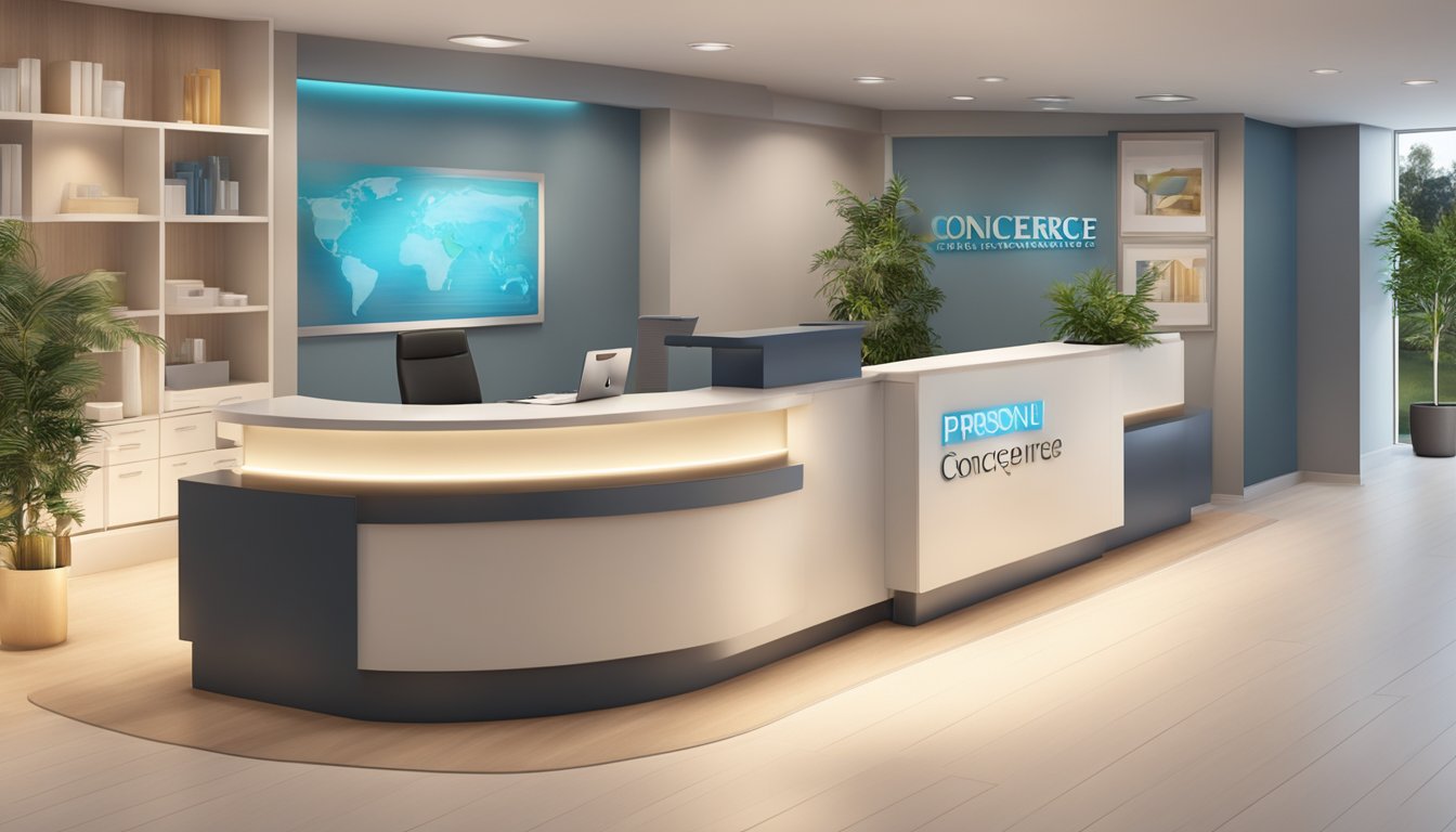 A modern medical concierge desk with a sleek, professional design. The logo prominently displayed and a warm, inviting atmosphere. Open hours sign visible
