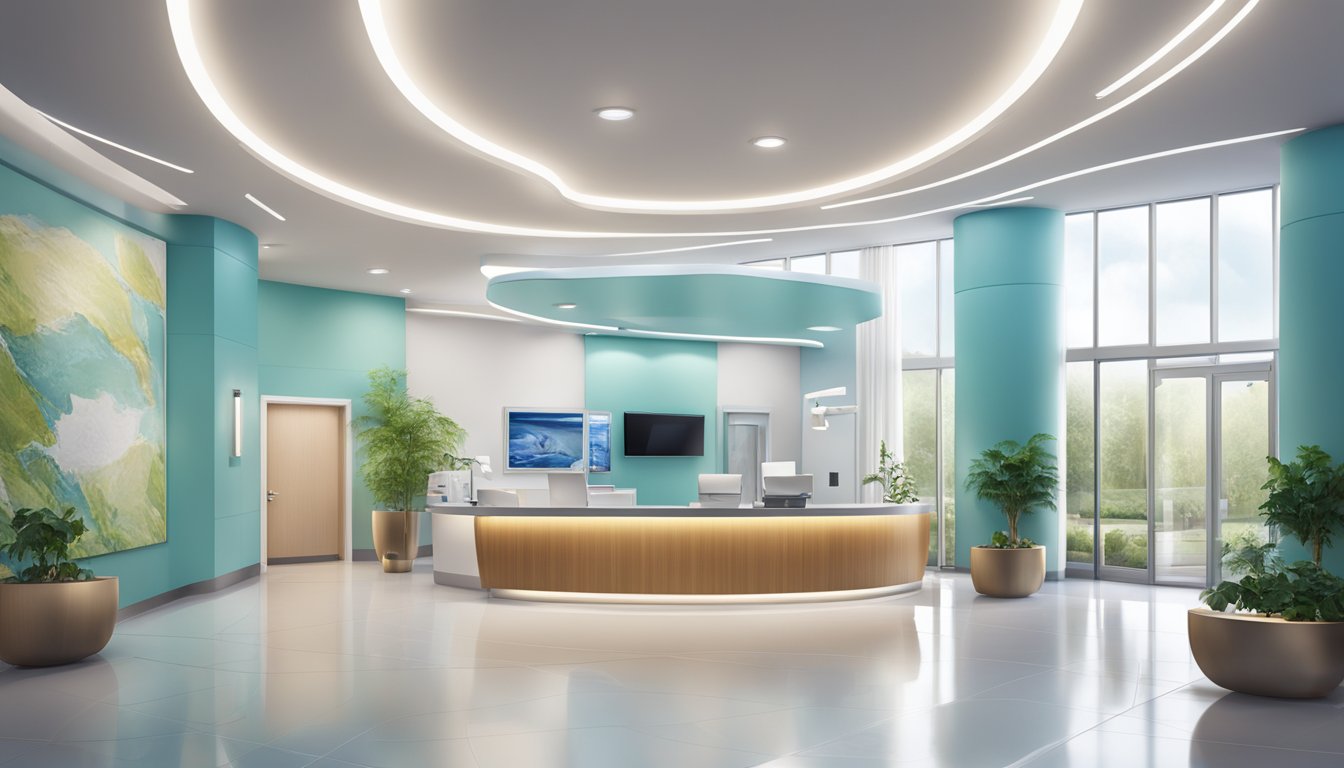 A modern medical center with sleek architecture, welcoming reception area, and state-of-the-art equipment