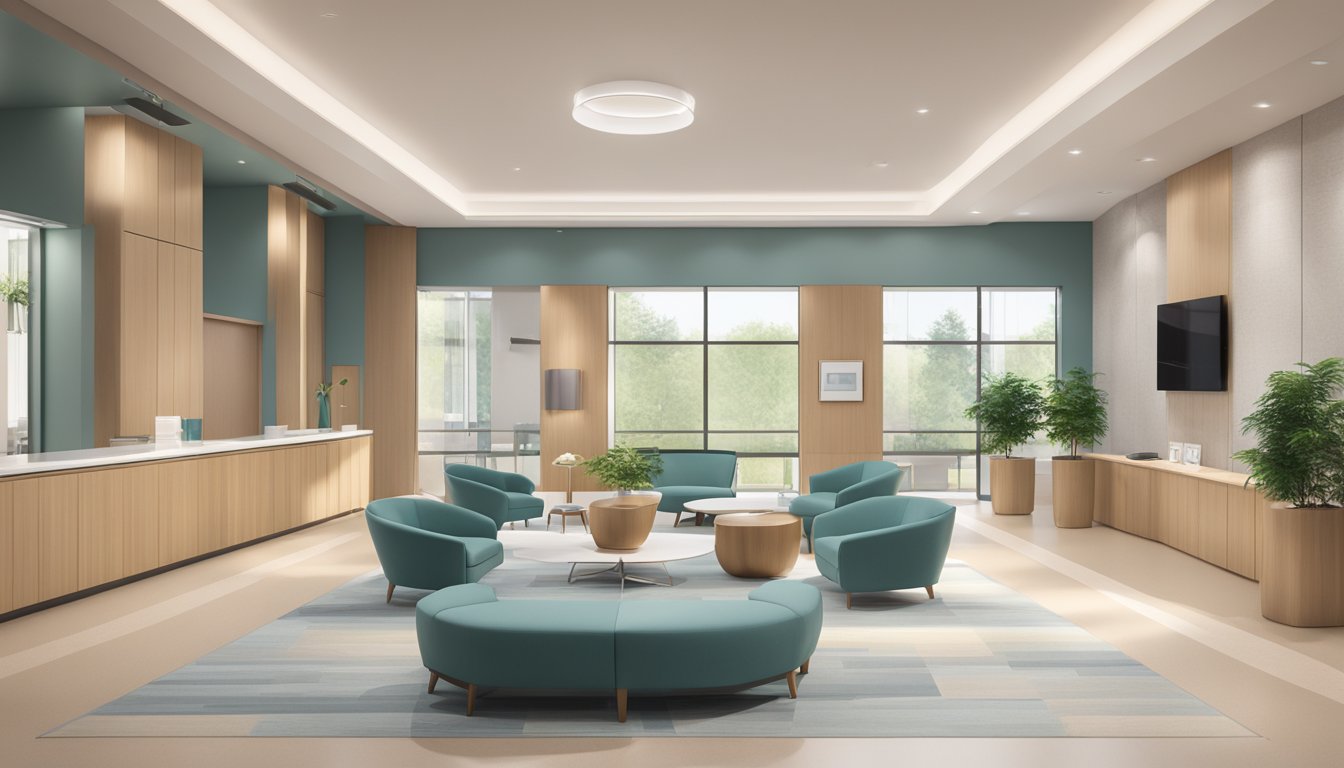 The Integrative Medical Centre: a modern, spacious lobby with sleek furniture, soft lighting, and a calming color palette