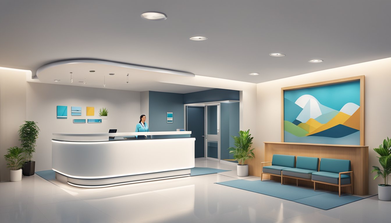 A modern medical centre with sleek design, reception desk, and comfortable waiting area. Professional staff assist patients