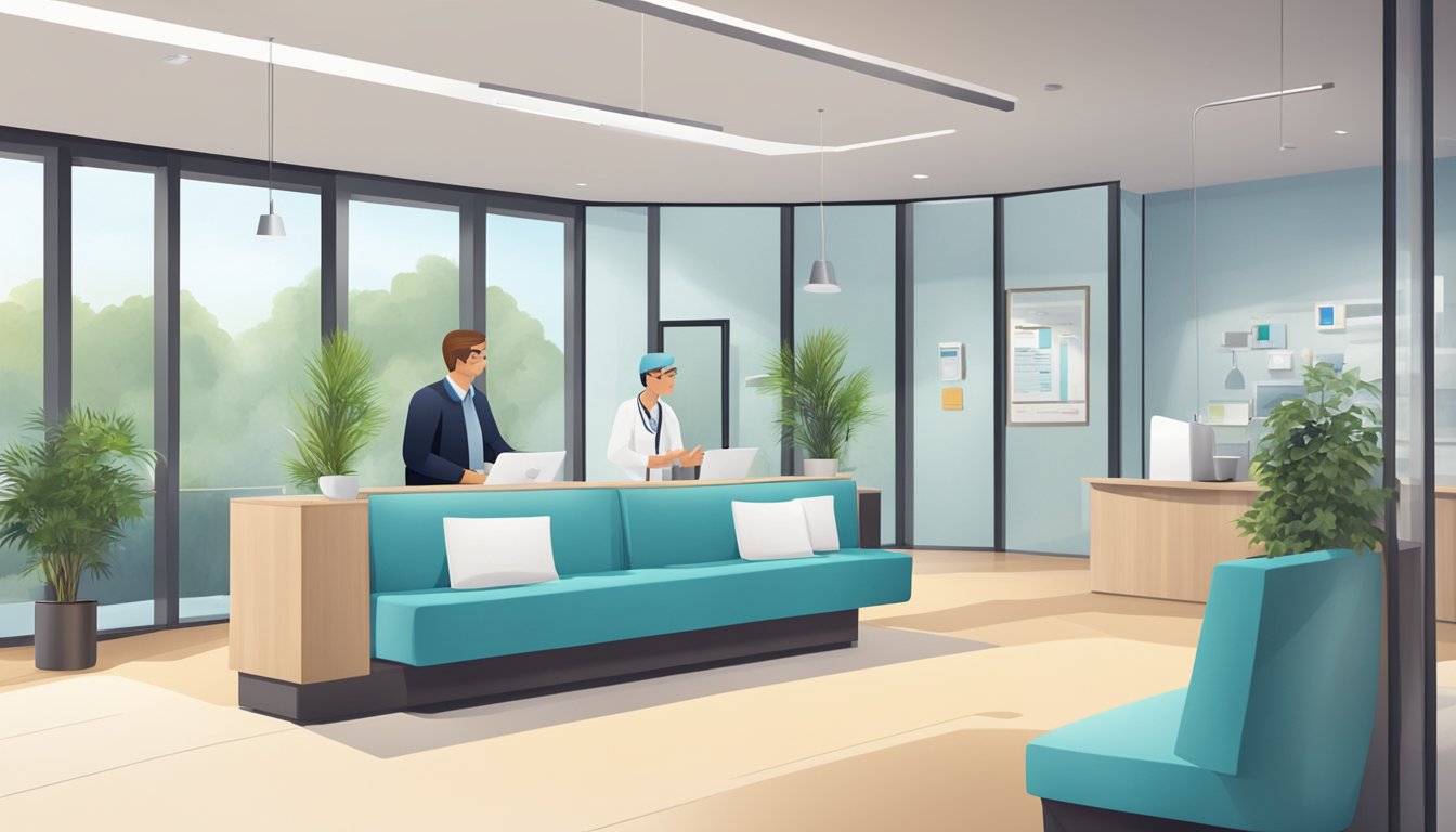 A modern medical centre with a welcoming reception area, comfortable seating, and a friendly staff assisting patients