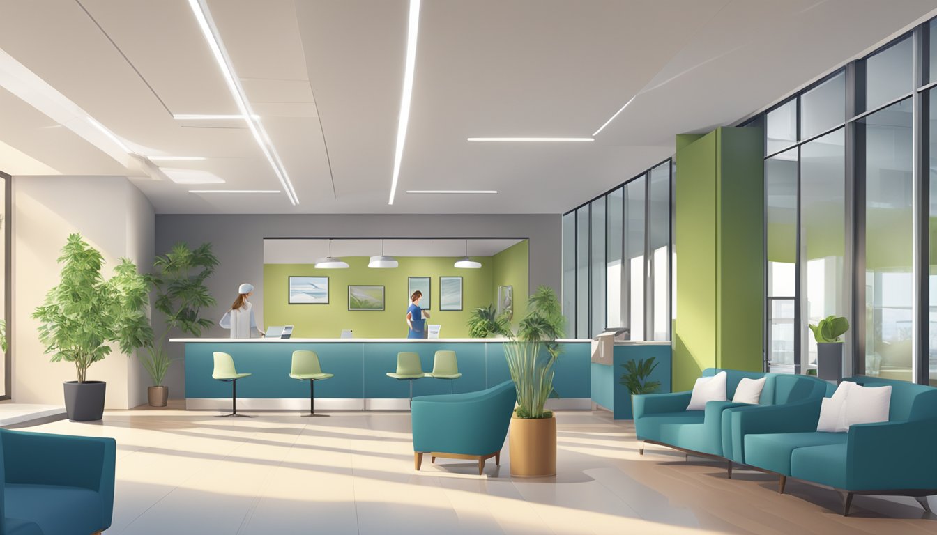 A modern healthcare facility with a welcoming reception area, comfortable waiting room, and professional staff assisting patients