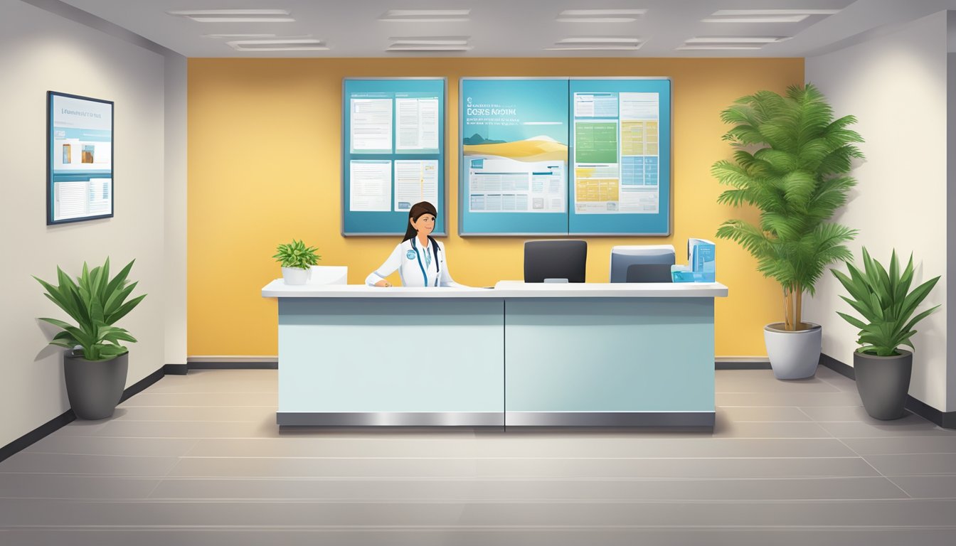 A medical concierge desk with a receptionist assisting a patient. The desk is organized with medical brochures and a computer. The waiting area is clean and comfortable
