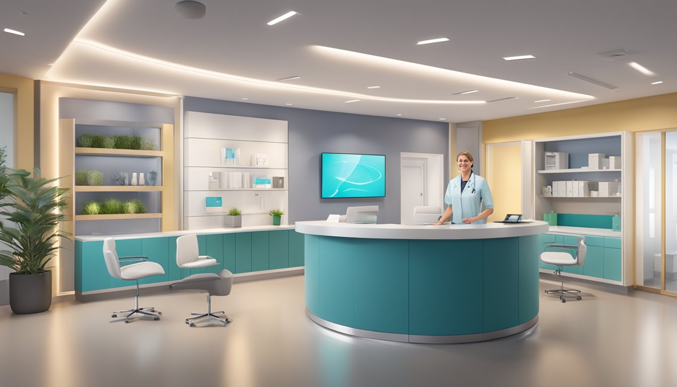 A modern medical concierge office with sleek furniture, warm lighting, and a friendly receptionist. The logo of ECON Healthcare prominently displayed