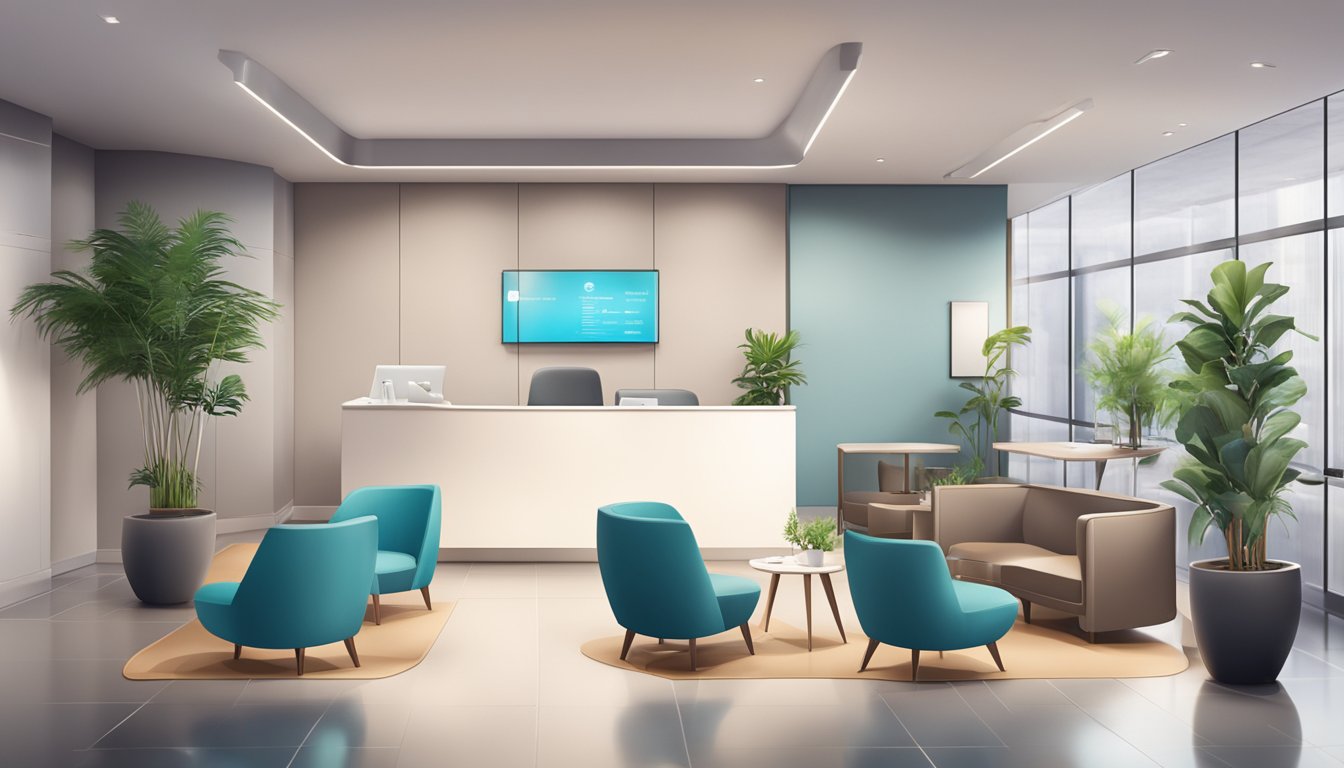 The scene is set in a modern medical concierge office with sleek furniture and a reception desk. The contact information and opening hours are displayed prominently on the wall