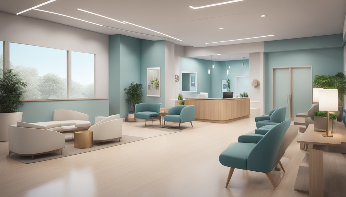 A modern clinic with sleek furniture, soft lighting, and minimalist decor. A reception area with a large desk and comfortable seating. Treatment rooms with state-of-the-art equipment and calming ambiance
