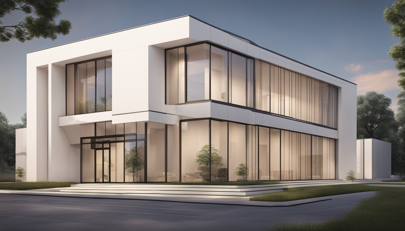 The SL Aesthetic Clinic features modern architecture, with sleek lines and a minimalist design. The exterior is adorned with a logo and large glass windows, allowing natural light to flood the interior space