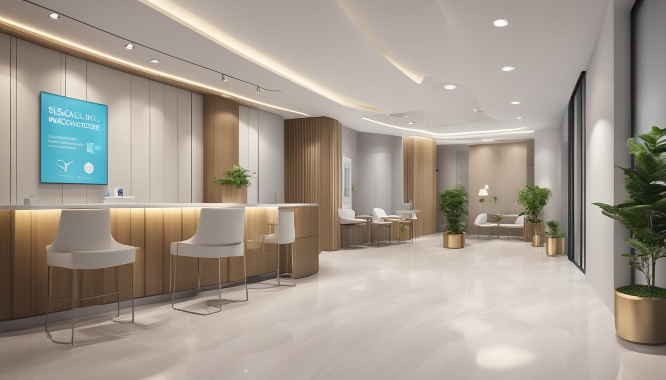 The scene depicts a modern and sleek aesthetic clinic with the "SL Aesthetic Clinic - Medical Concierge SG" signage prominently displayed. The exterior is clean and inviting, with a professional and upscale atmosphere