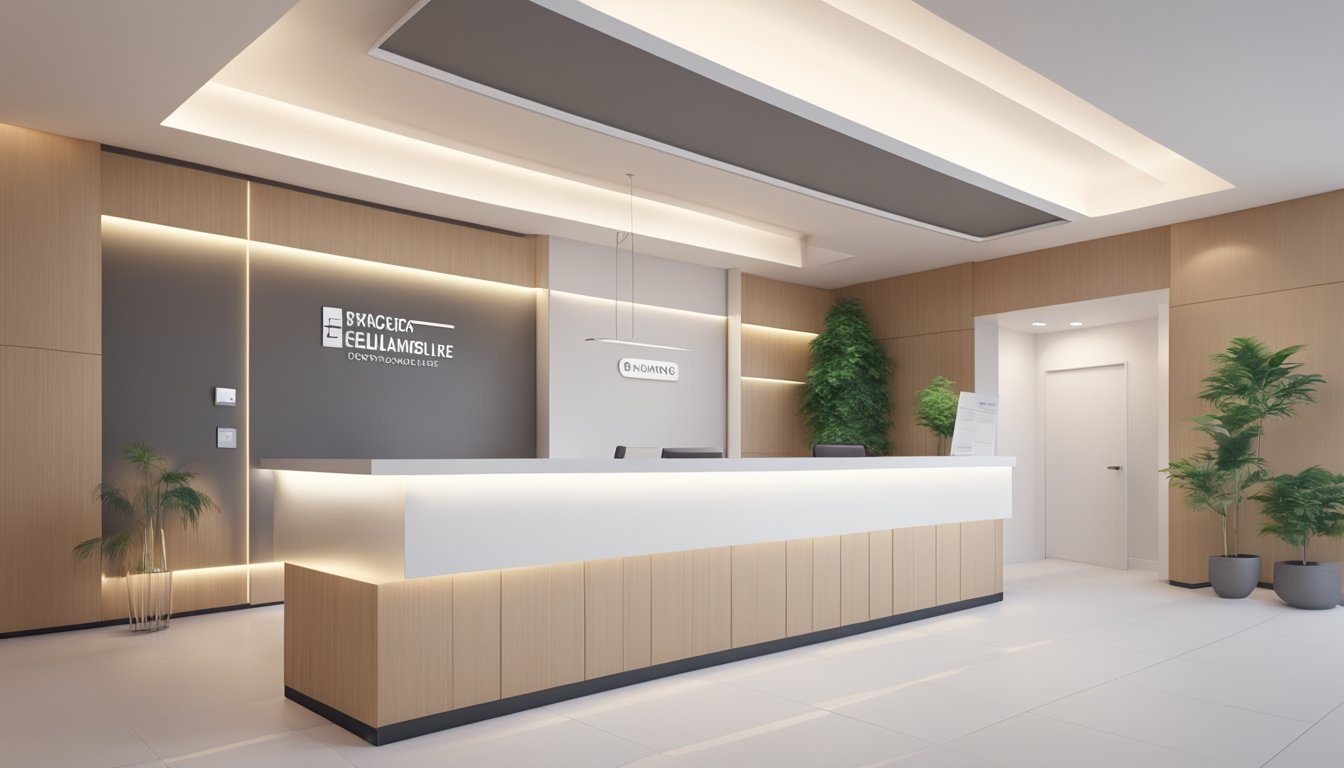 A modern clinic facade with sleek signage. A welcoming reception area with comfortable seating. Clean, minimalist interior design with professional staff