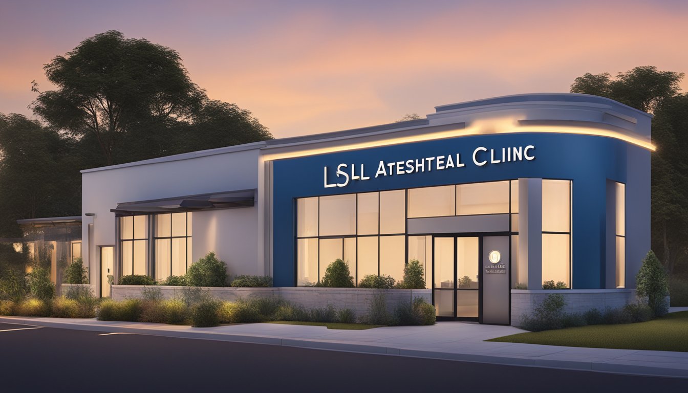 The SL Aesthetic Clinic sign glows softly against the evening sky, while the warm light spills out from the windows, indicating that the clinic is still open for business