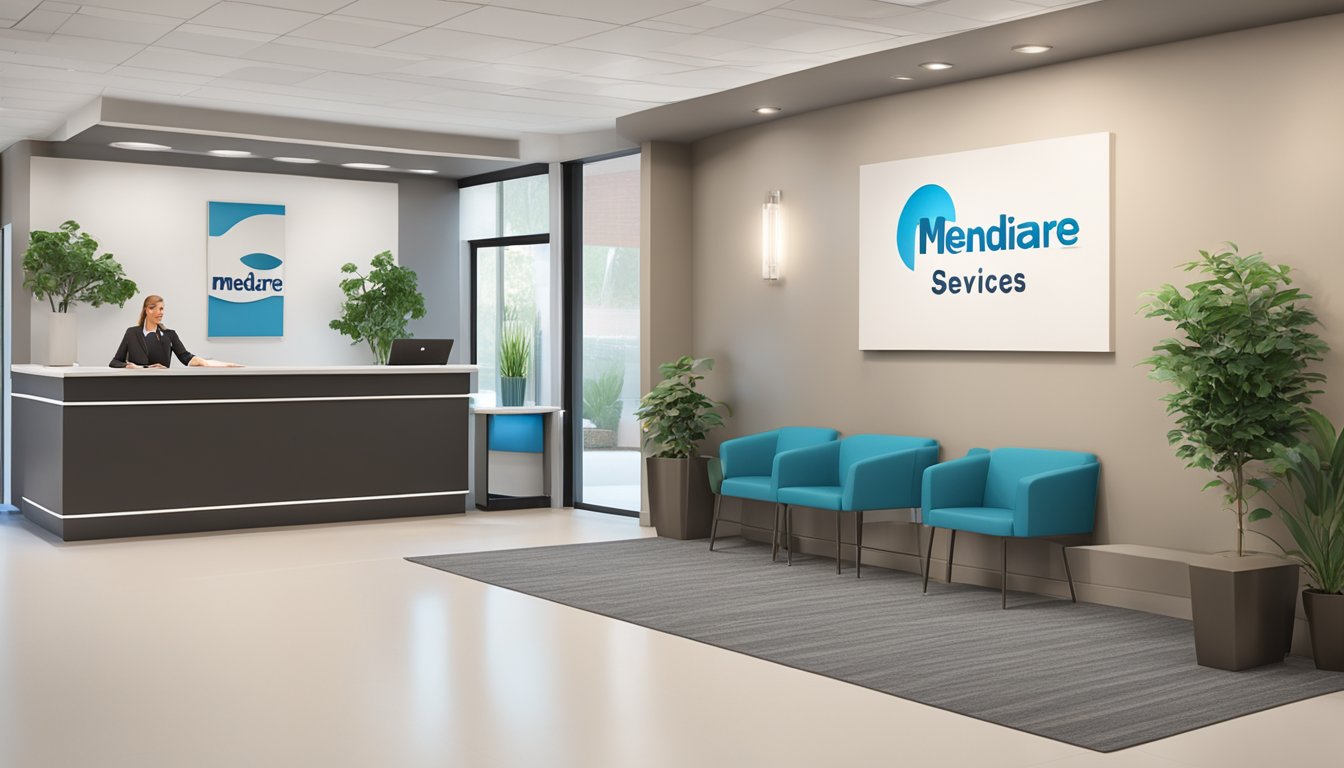 A welcoming reception area with comfortable seating, a friendly receptionist, and a modern, clean aesthetic. AIMS Medicare Services logo prominently displayed