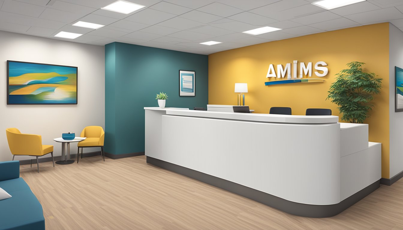 A modern medical concierge service office with sleek furniture and a reception area. AIMS Medicare Services logo prominently displayed