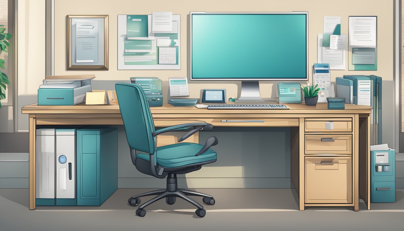 A medical concierge desk with a computer, phone, and paperwork, surrounded by a calm and organized environment