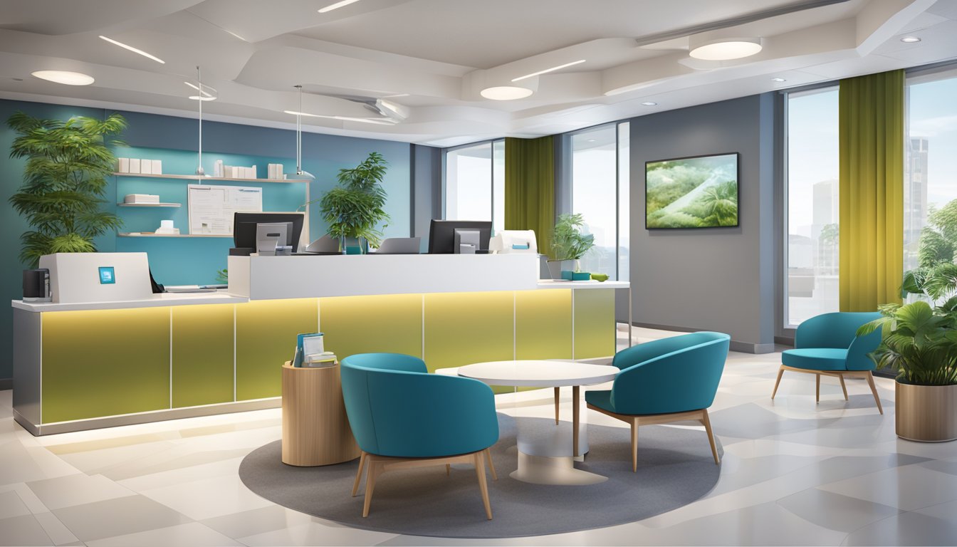 A modern medical concierge office with sleek furniture, friendly staff, and state-of-the-art equipment