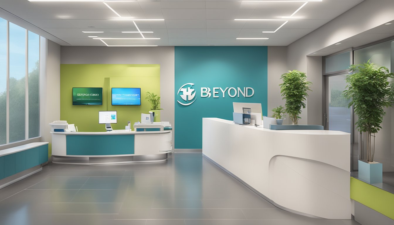 A modern medical facility with sleek design and state-of-the-art equipment. The logo of Beyond Medical Group is prominently displayed on the reception desk