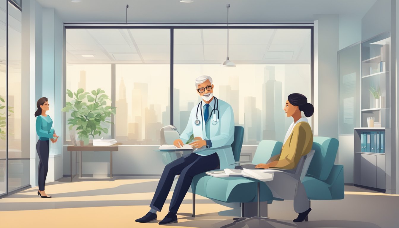A doctor and patient discussing Medicare services in a modern, well-lit office. The doctor is attentive and the patient appears satisfied