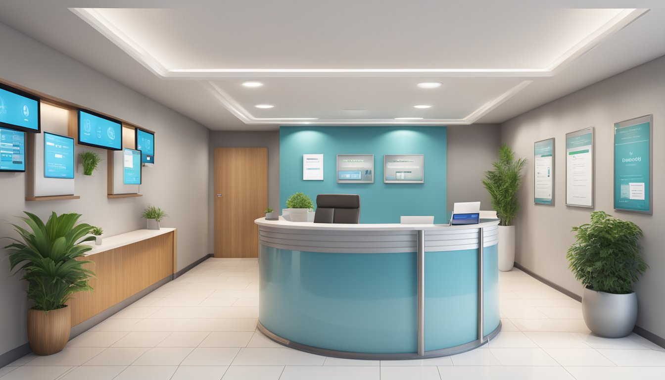 A bright and modern medical concierge office with a welcoming reception area. The contact information and opening hours are displayed prominently on a sleek digital screen