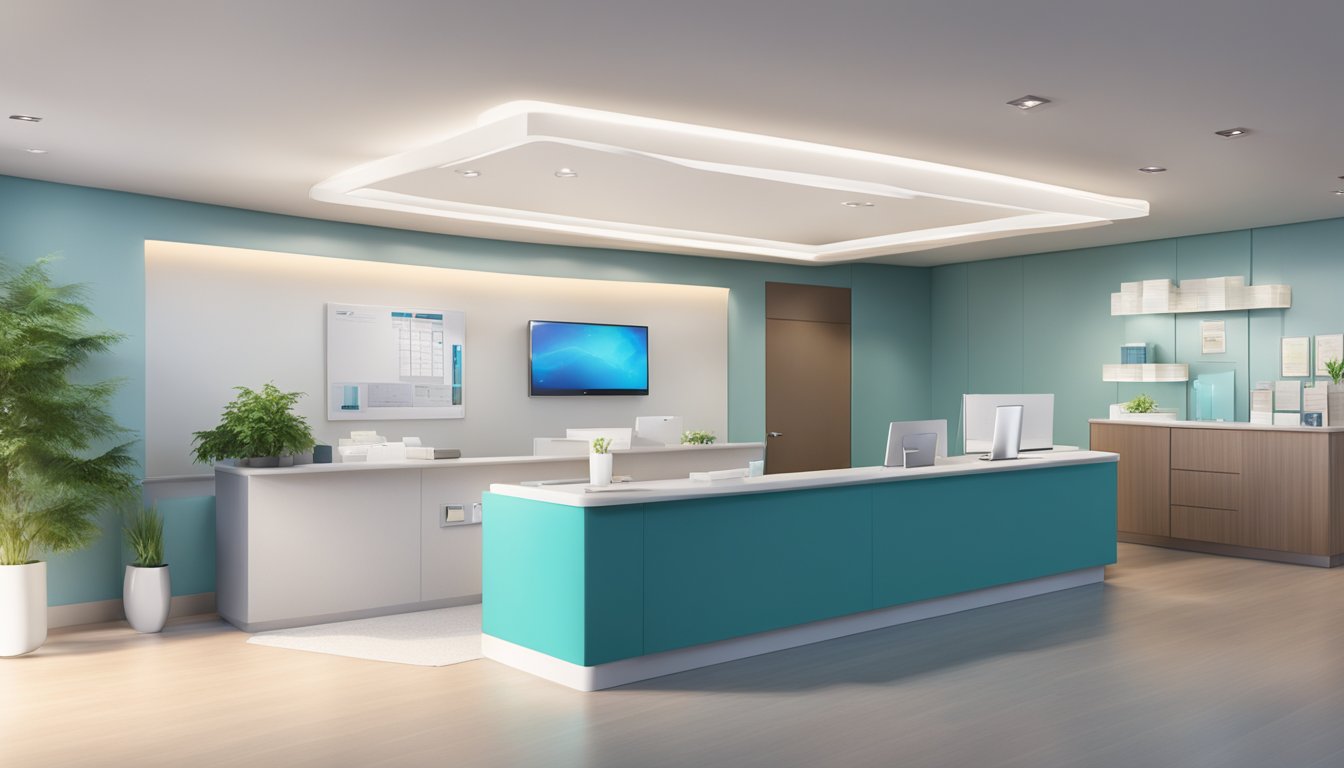 A modern medical concierge office with sleek furniture, a welcoming reception area, and a professional staff assisting patients