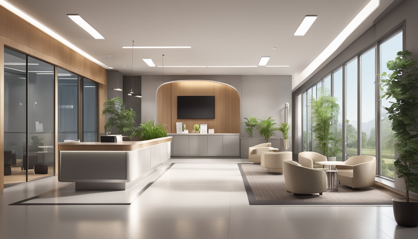 A modern medical concierge office with sleek furniture and a welcoming reception area. The space is well-lit and inviting, with a professional and organized atmosphere