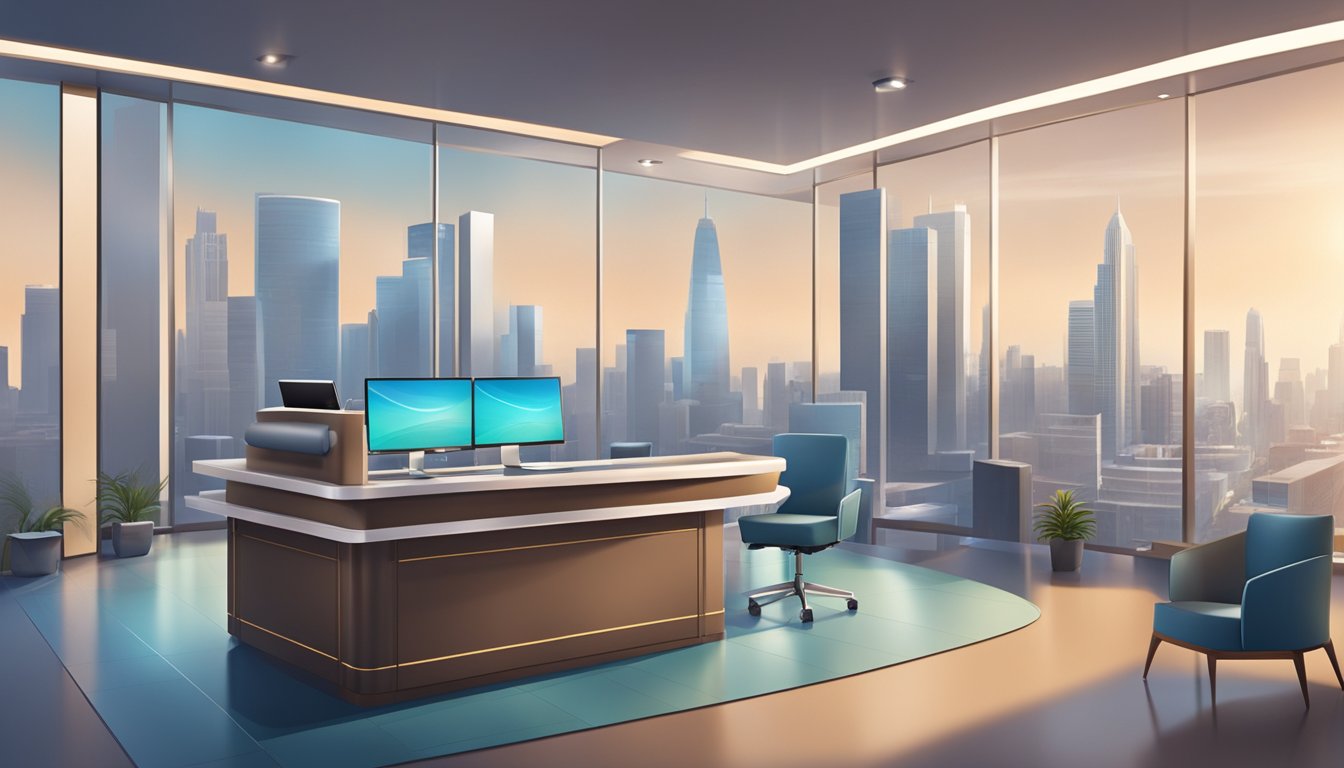 A modern medical concierge desk with a friendly receptionist, sleek computers, and a comfortable waiting area with a view of the city skyline