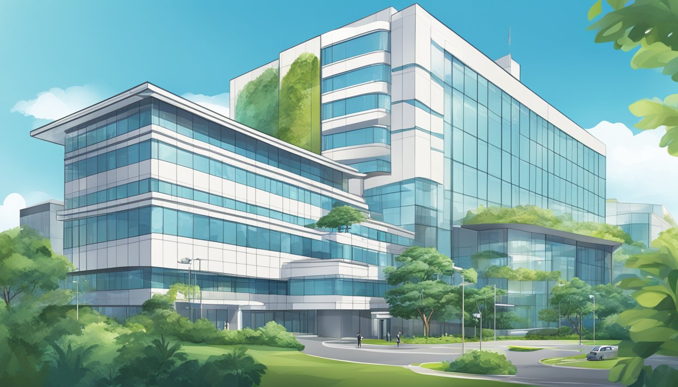 A modern hospital building with the Singapore Healthcare Alliance logo prominently displayed. Surrounding greenery and clear blue skies