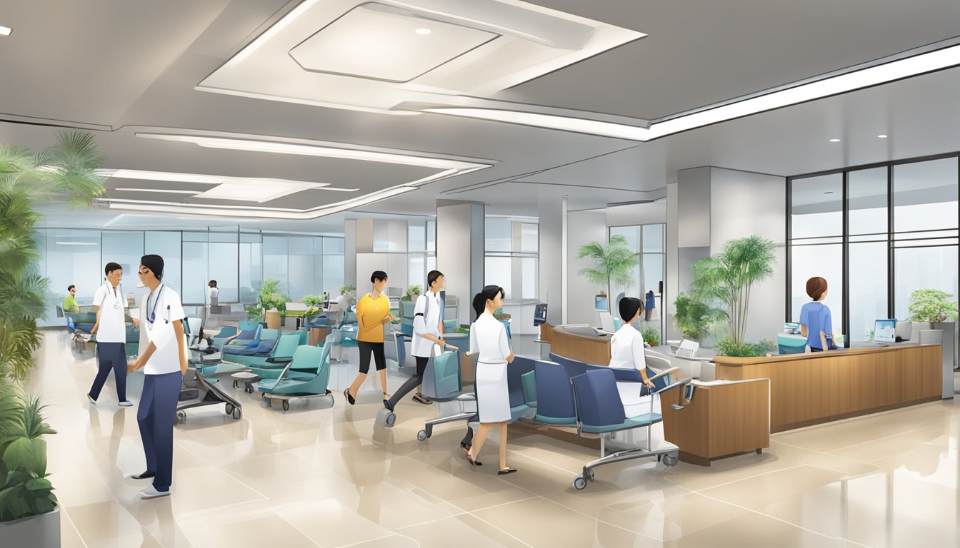 The bustling lobby of the Singapore Healthcare Alliance, with patients and staff moving purposefully among the sleek modern furnishings and state-of-the-art medical equipment