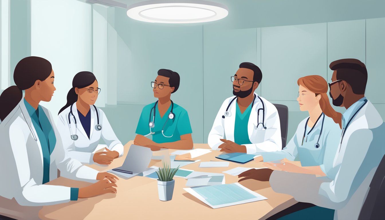A group of healthcare professionals gather around a table, discussing patient care. A sense of collaboration and expertise is evident in the room