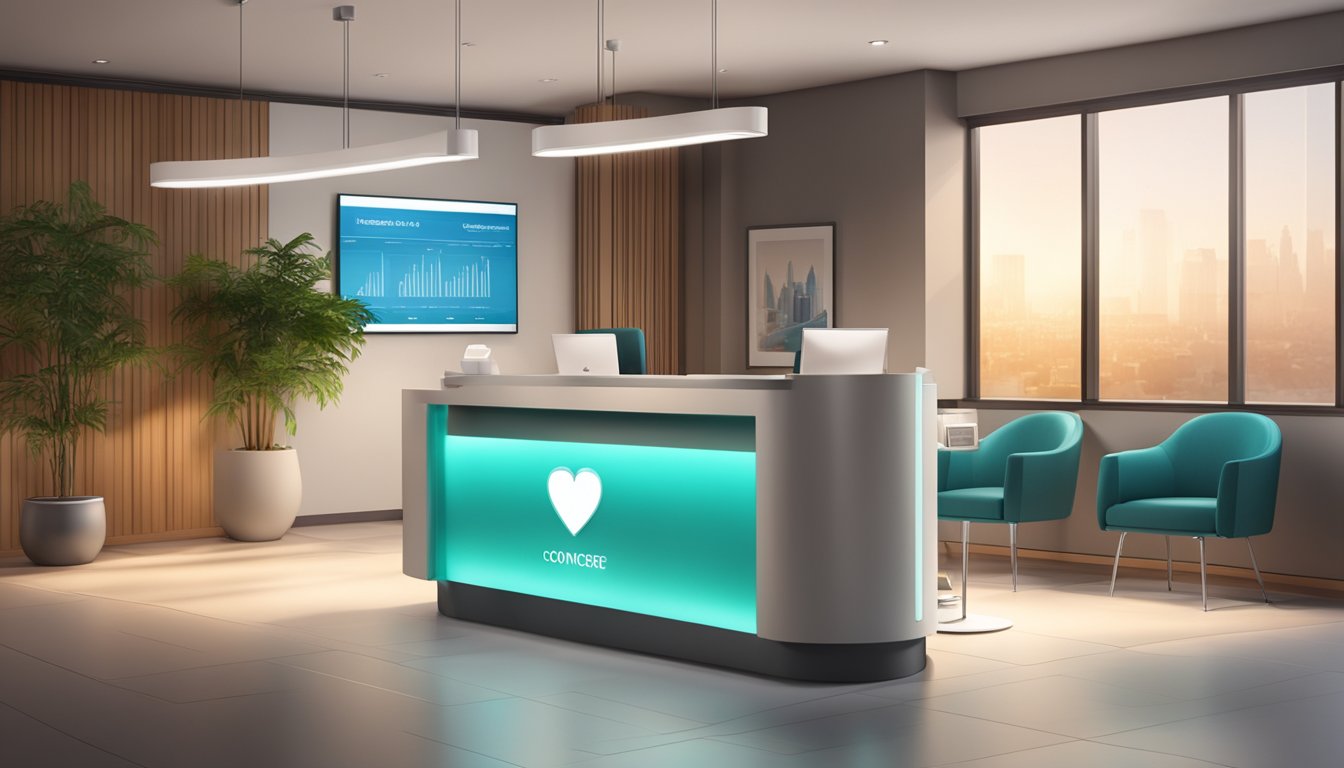 A bright and modern medical concierge desk with a sleek logo, surrounded by comfortable seating and a warm, inviting atmosphere