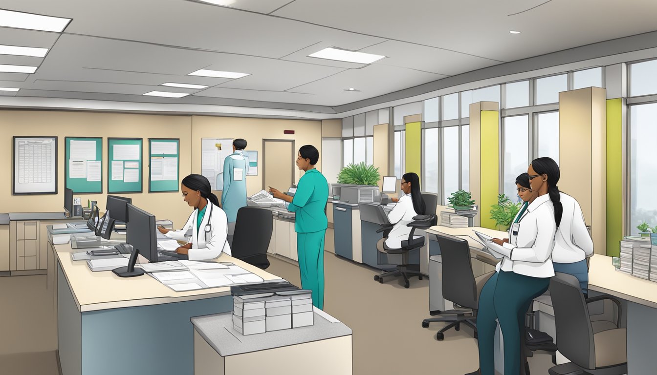 A bustling medical concierge desk at Woodlands Health, with staff assisting patients and organizing paperwork