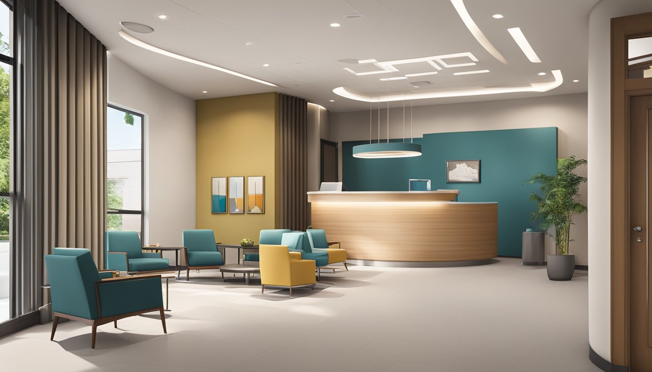 A modern medical concierge facility in Woodlands Health, with a welcoming reception area, comfortable waiting lounge, and state-of-the-art equipment