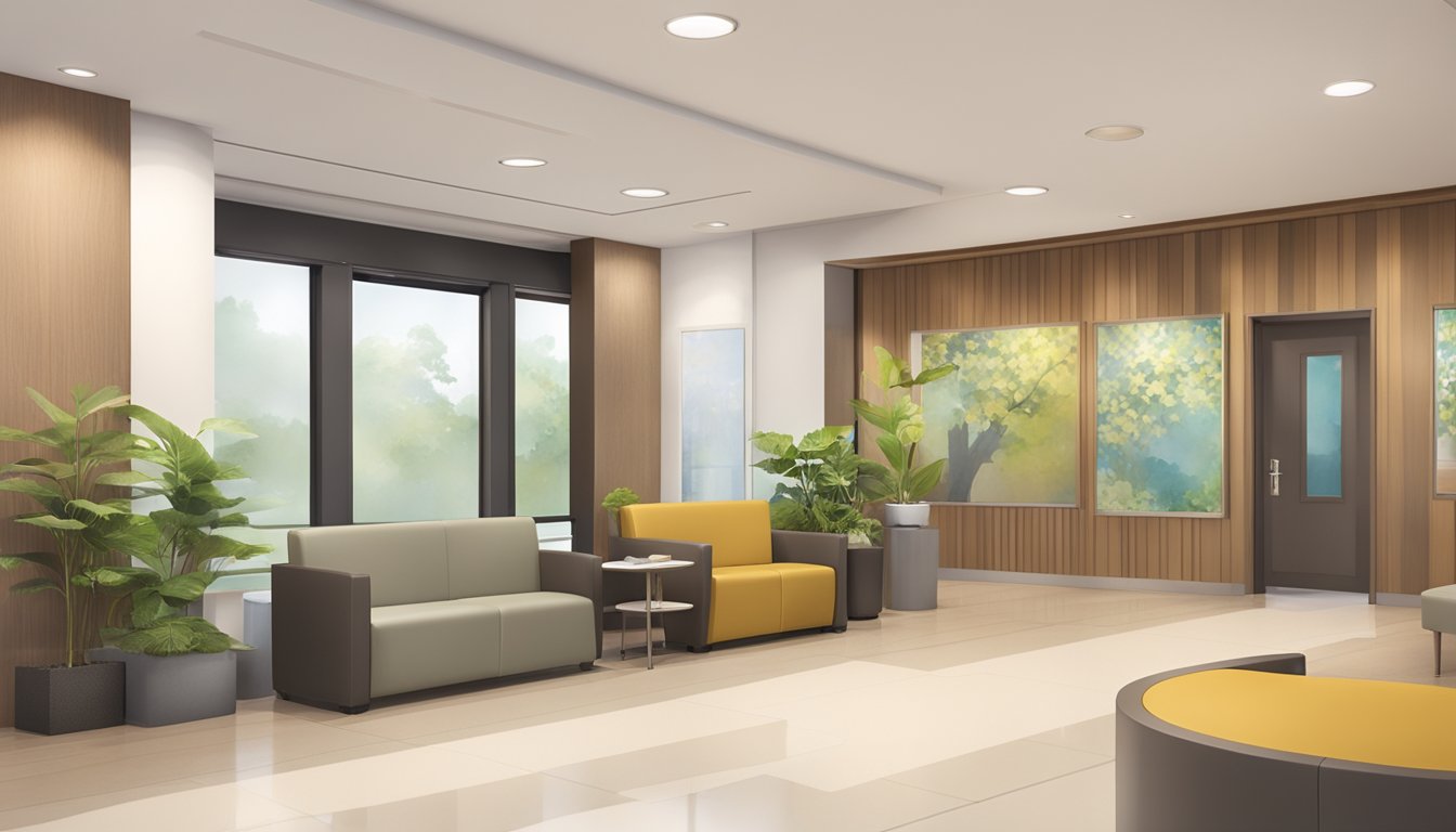 A welcoming reception area with comfortable seating, modern decor, and friendly staff assisting patients at Woodlands Health - Medical Concierge SG