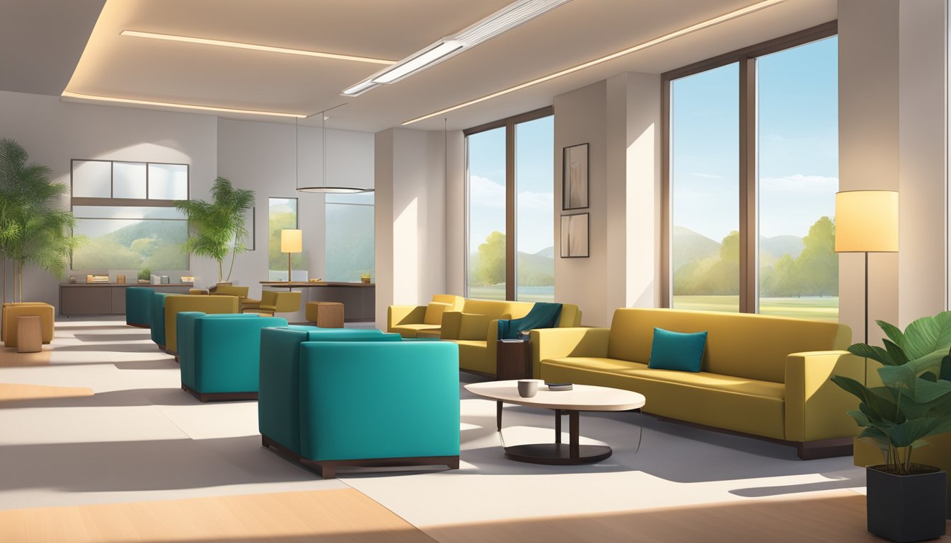 A serene waiting room with modern decor, comfortable seating, and natural light streaming in from large windows. A reception desk with friendly staff and a warm, welcoming atmosphere