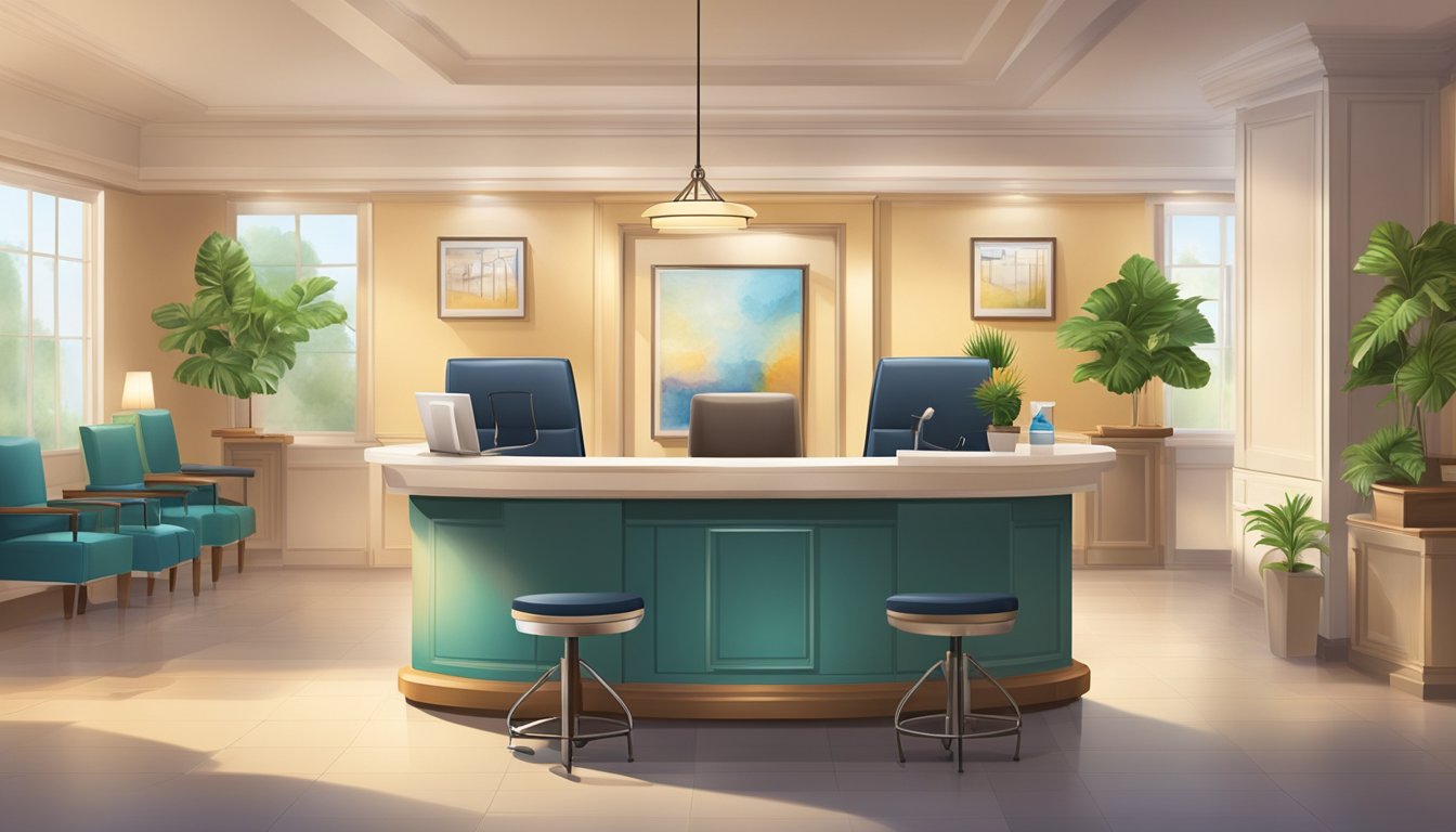 A bright and welcoming medical concierge desk with a friendly receptionist, surrounded by comfortable seating and a warm, inviting atmosphere