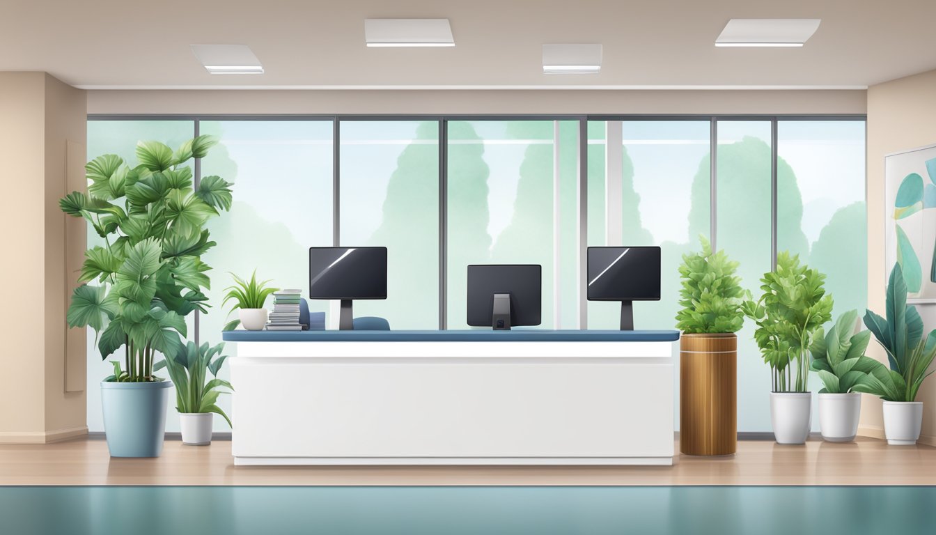 A modern medical concierge desk with a friendly receptionist, a sleek computer, and a comfortable waiting area with plants and magazines