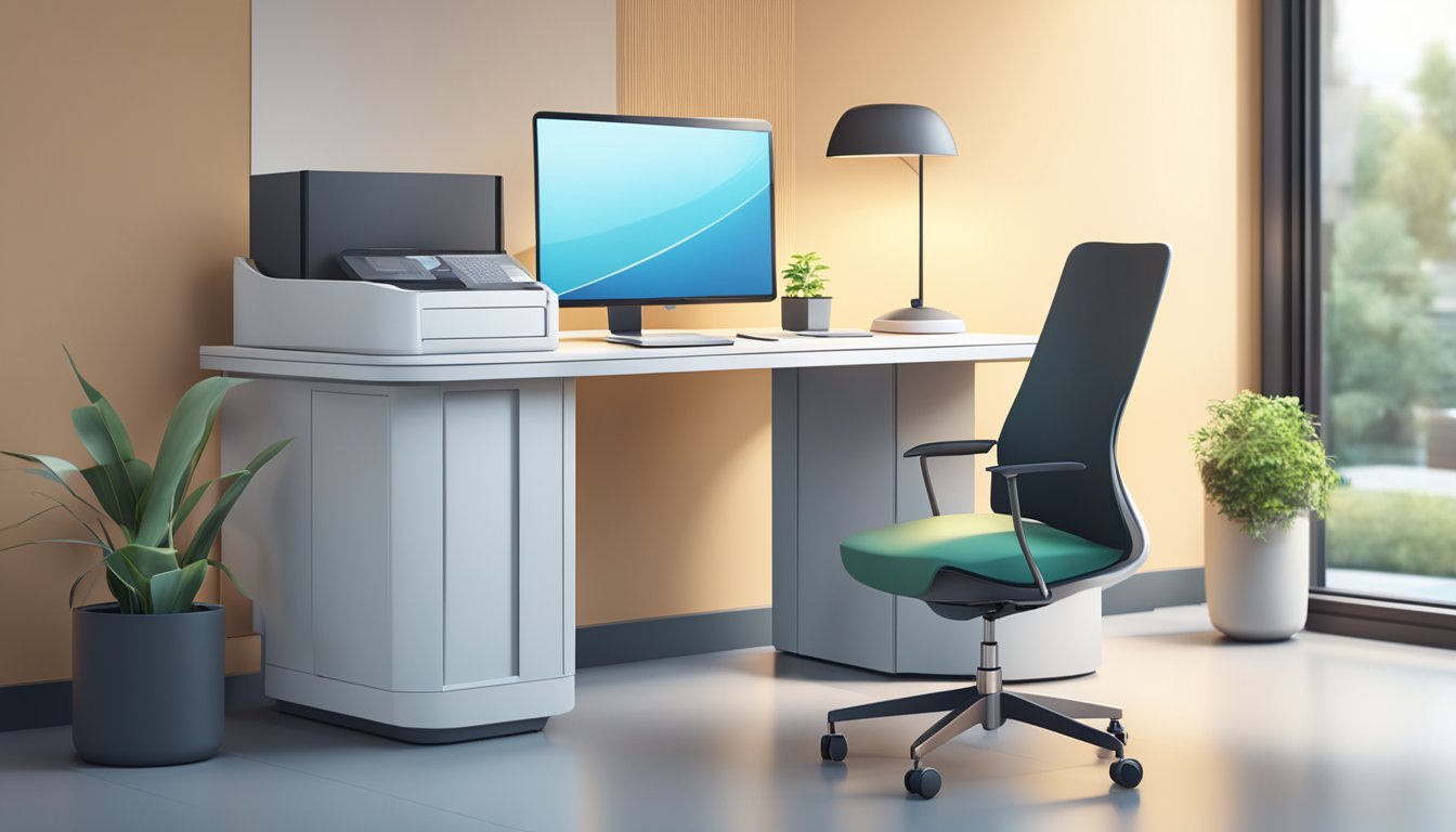 A modern medical concierge desk with a sleek computer, phone, and paperwork, surrounded by a calm and inviting atmosphere