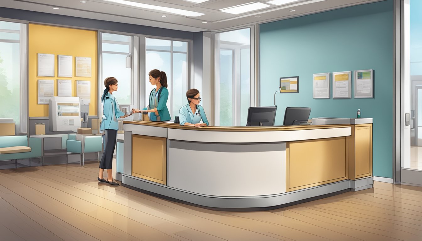 A medical concierge desk with a receptionist assisting a patient, surrounded by medical equipment and a comfortable waiting area