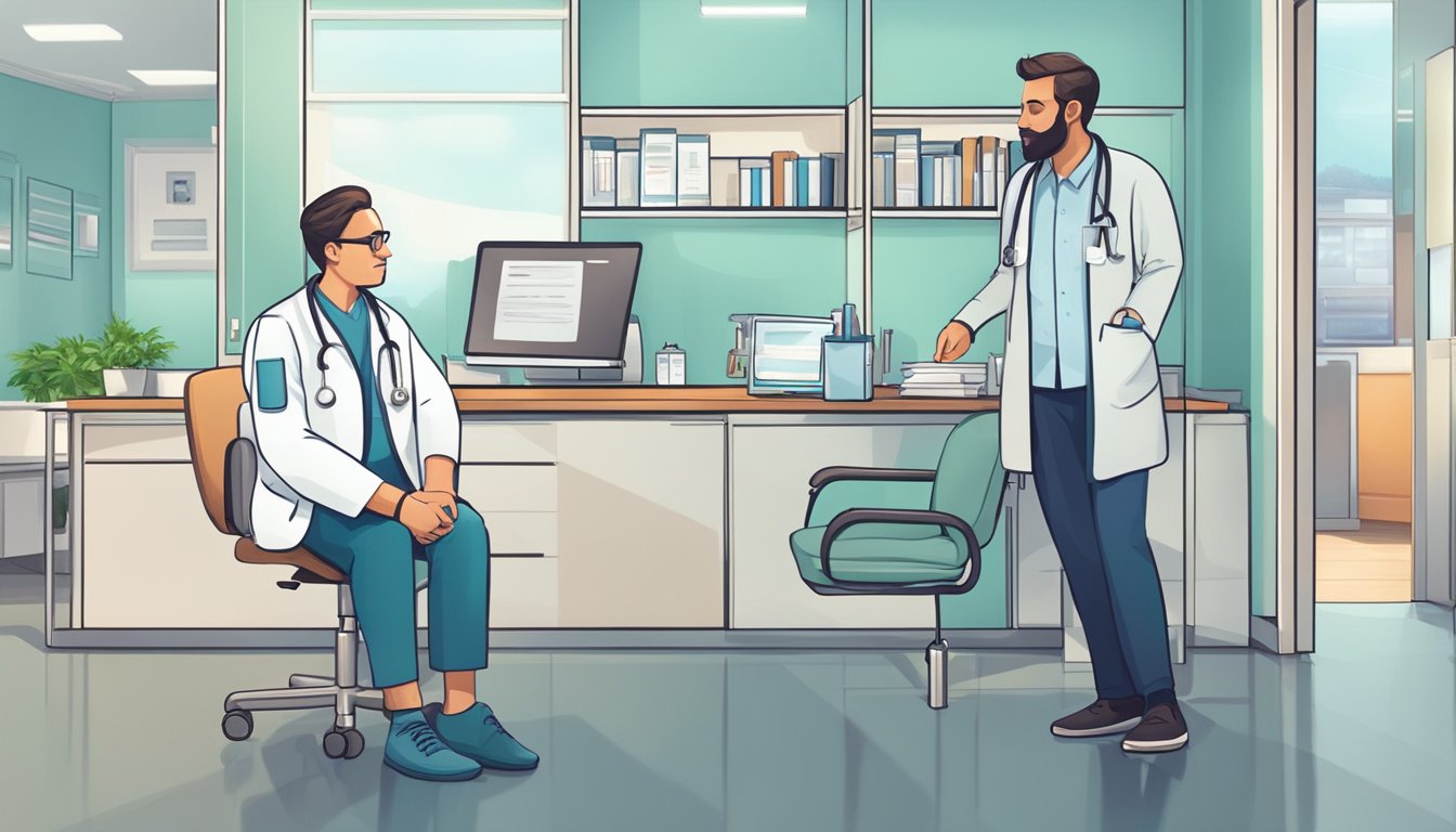 A doctor and patient discussing treatment options in a modern medical office with a welcoming atmosphere