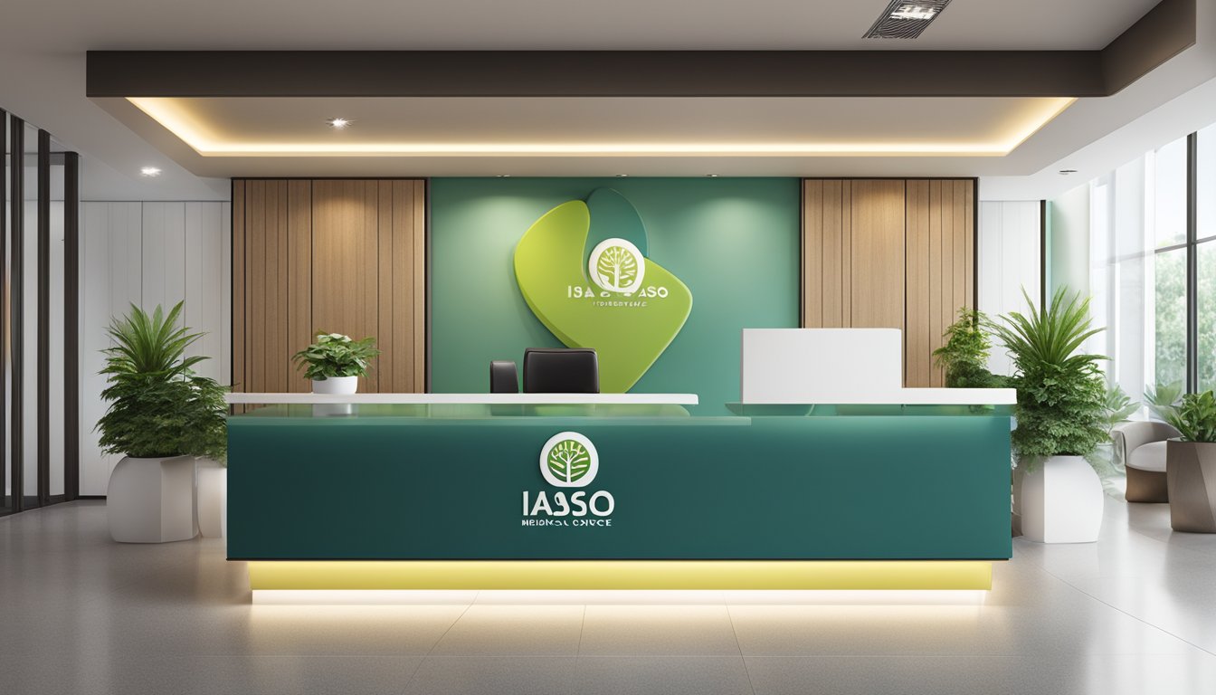 A modern reception desk with a sleek design, displaying the IASO - Medical Concierge SG logo. The surrounding area is clean and well-lit, with a sign displaying the contact information and opening hours prominently displayed