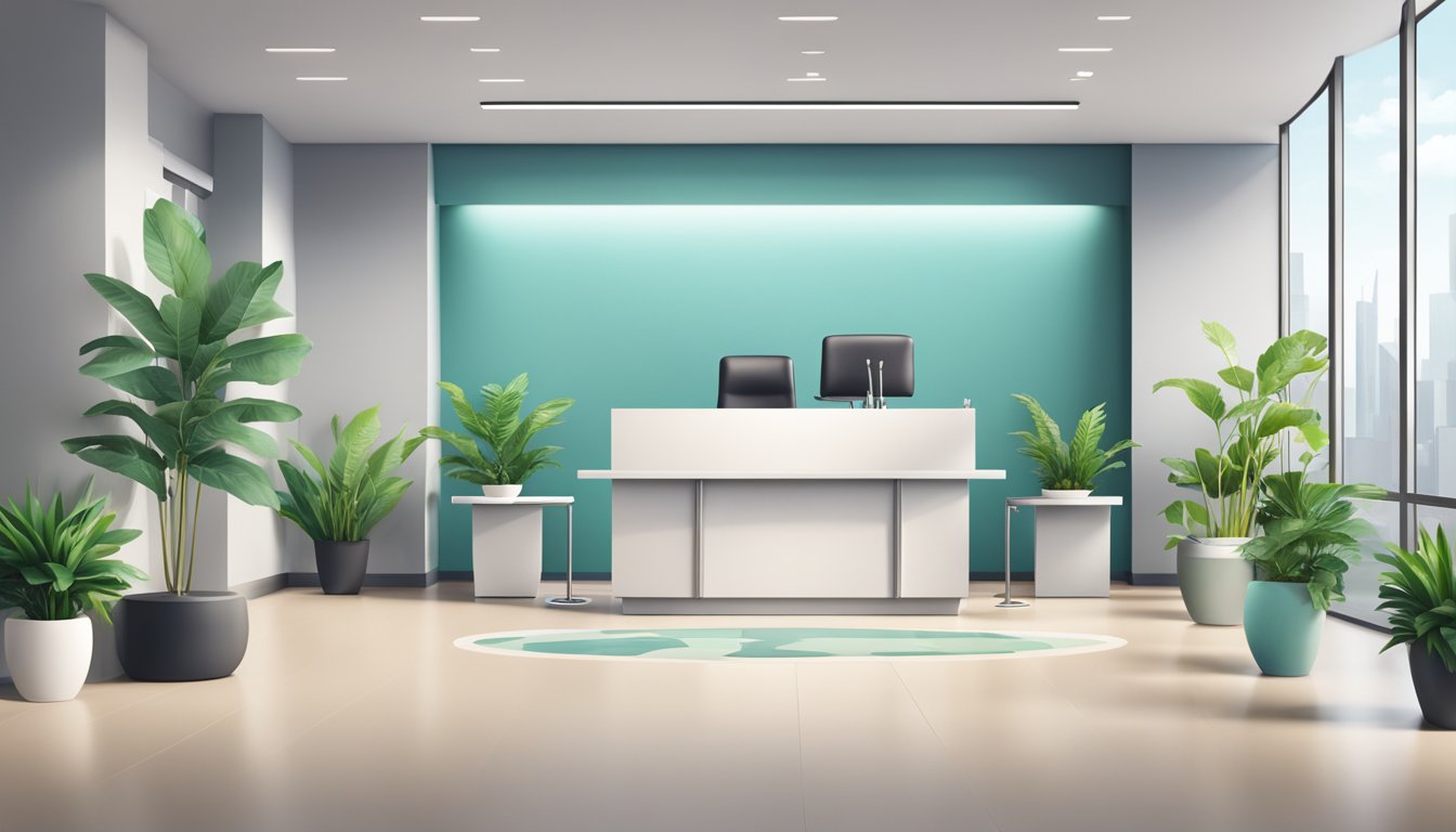 A modern medical concierge office with sleek furniture, a reception desk, and a waiting area with plants and magazines