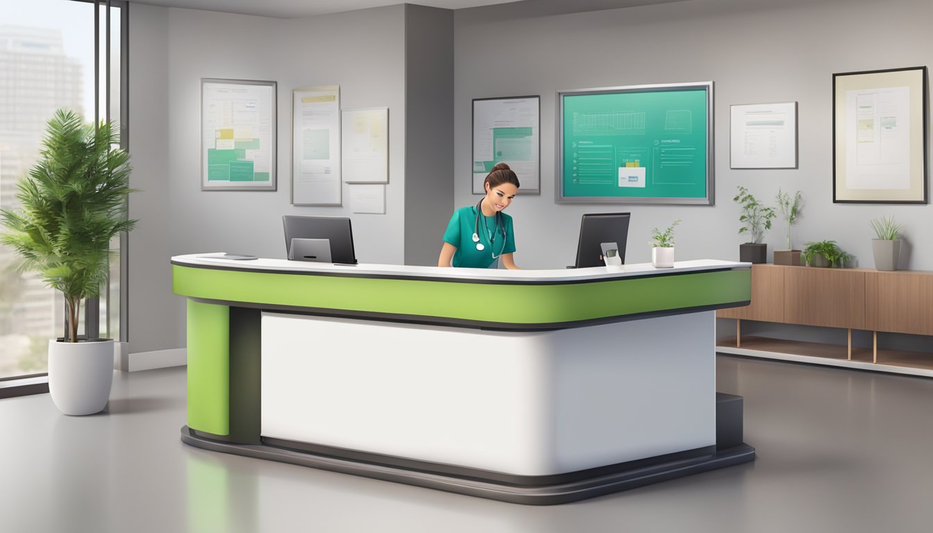 A modern medical concierge desk with sleek design, a computer, and a friendly receptionist